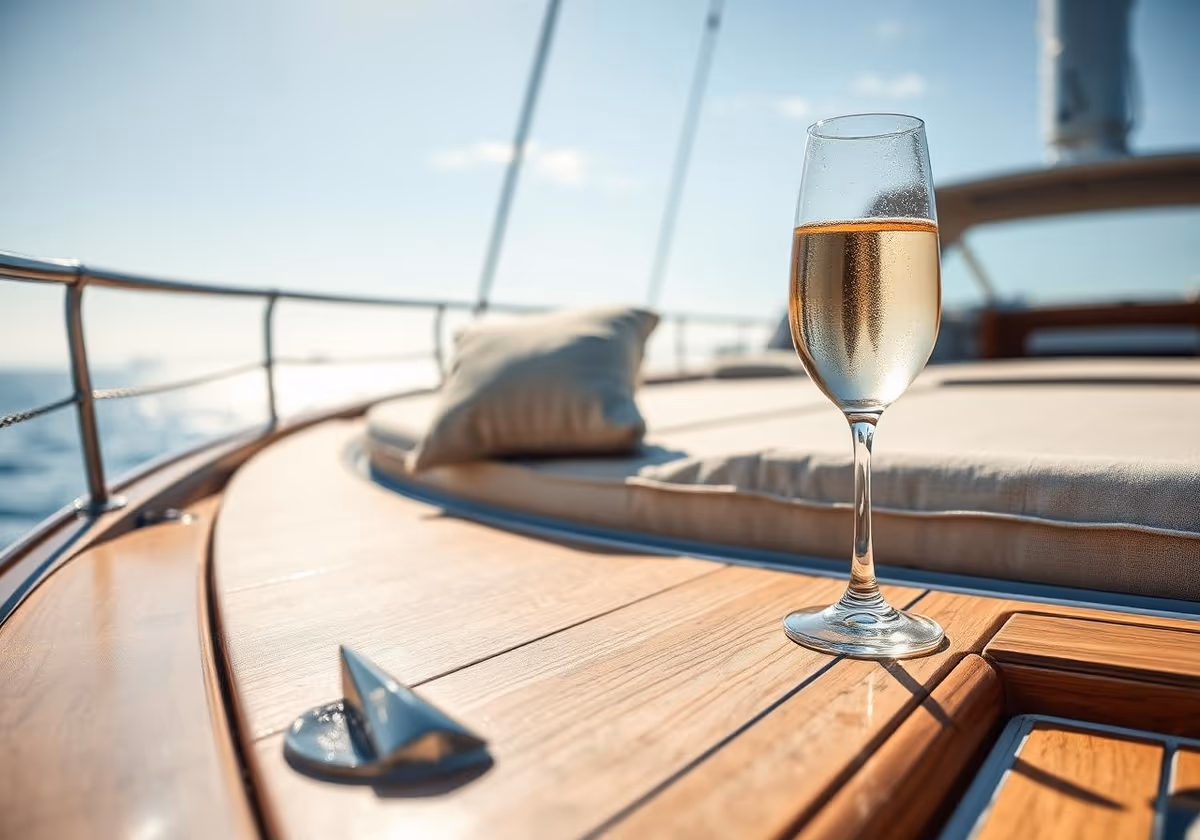Linen cushions and a glass of champagne on a teak yacht deck